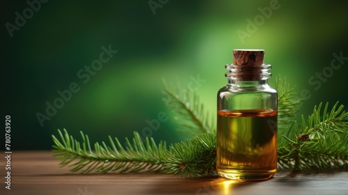 Essential oils of cedar and spruce in small glass bottles on a wooden background. Aromatherapy.