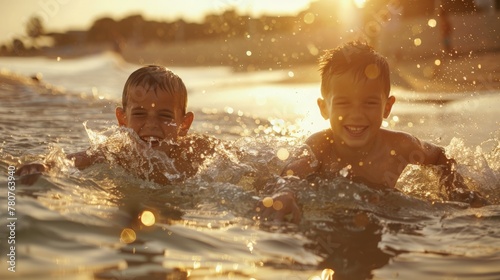 Sibling racing through sea splashes.