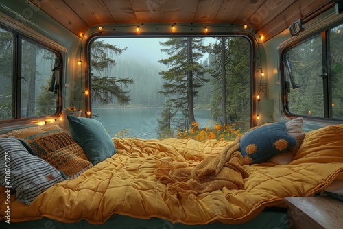 The interior view of a camper showcasing a relaxing bed setting and the beautiful lake outside the window, evoking travel journeys