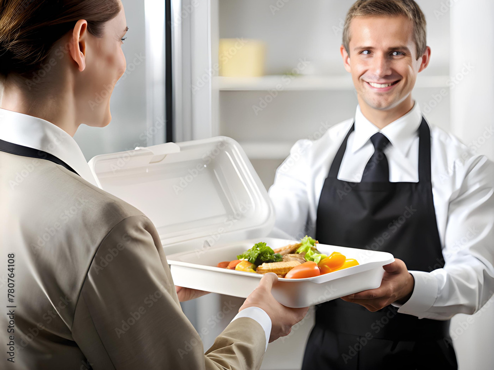 Smiling Waiter in a Restaurant Handing a Plastic Container of Food to a Client. Smiling Waiter in a Restaurant Handing a Plastic Container of Food to a Client.