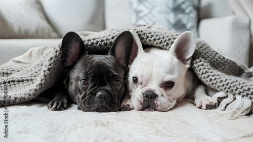 Snuggly Pals: Frenchies Sharing Warmth Under Blanket. Concept French Bulldogs, Cozy Blankets, Winter Photography, Furry Friends photo