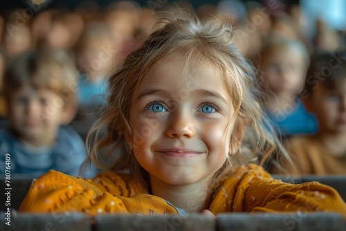 Little girl with bright blue eyes and a sweet smile amongst peers