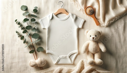 Baby Onesie Display with Teddy Bear and Eucalyptus for Minimalist Nursery photo