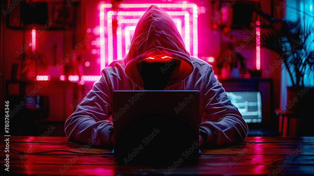 A person wearing a hoodie in front of laptop screen, scary, glowing, futuristic, mask, crime, cyber attack, security, cybersecurity and data protection, mystery A person wearing a hoodie in front of laptop screen, scary, glowing, futuristic, mask, crime, cyber attack, security, cybersecurity and data protection, mystery