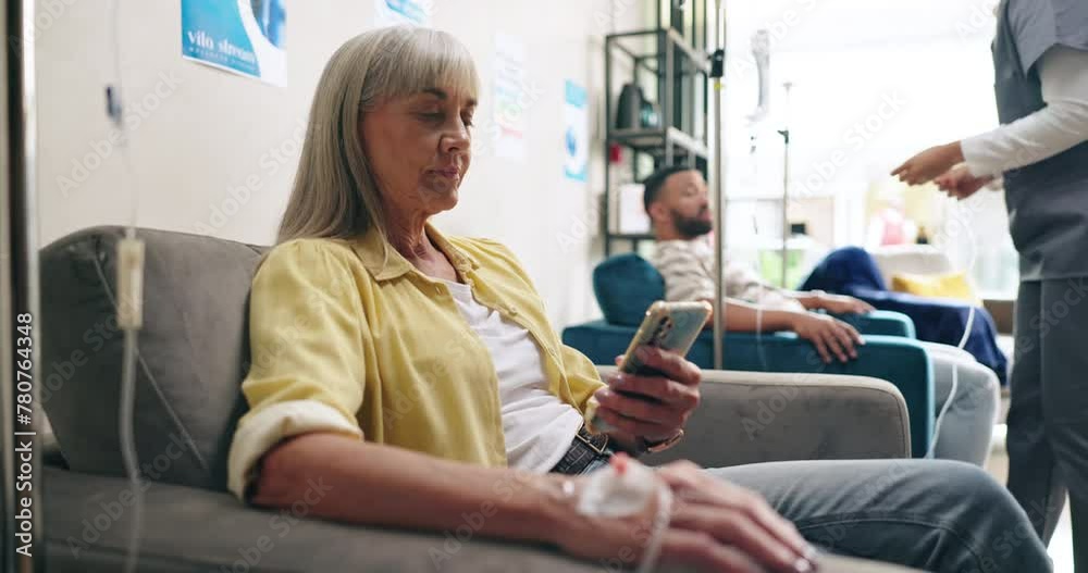 IV drip, phone and senior woman with vitamins for supplement treatment, immune and medicine. Healthcare, wellness clinic and person on smartphone for social media app, website and internet news
