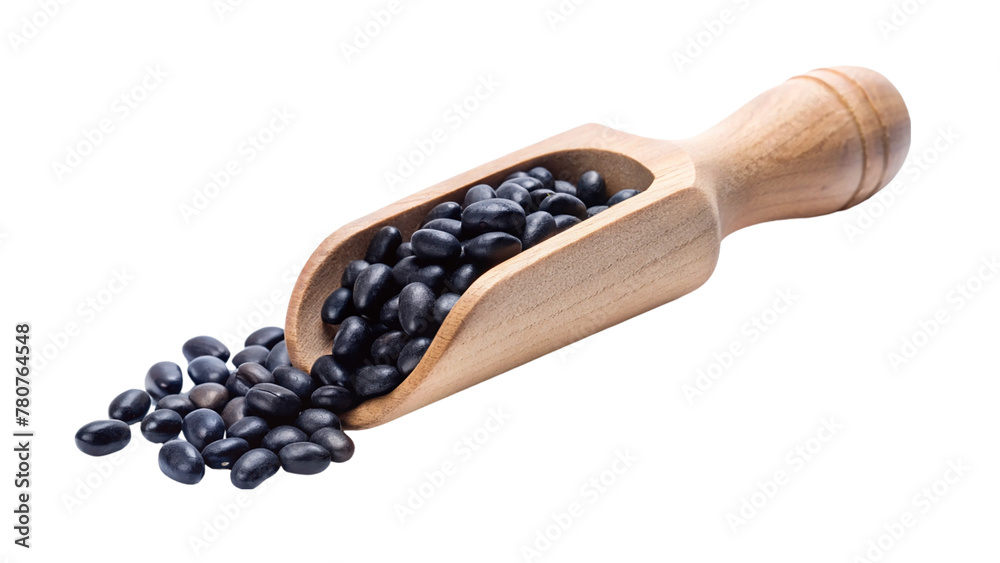 Black beans on wooden scoop isolated on transparent background