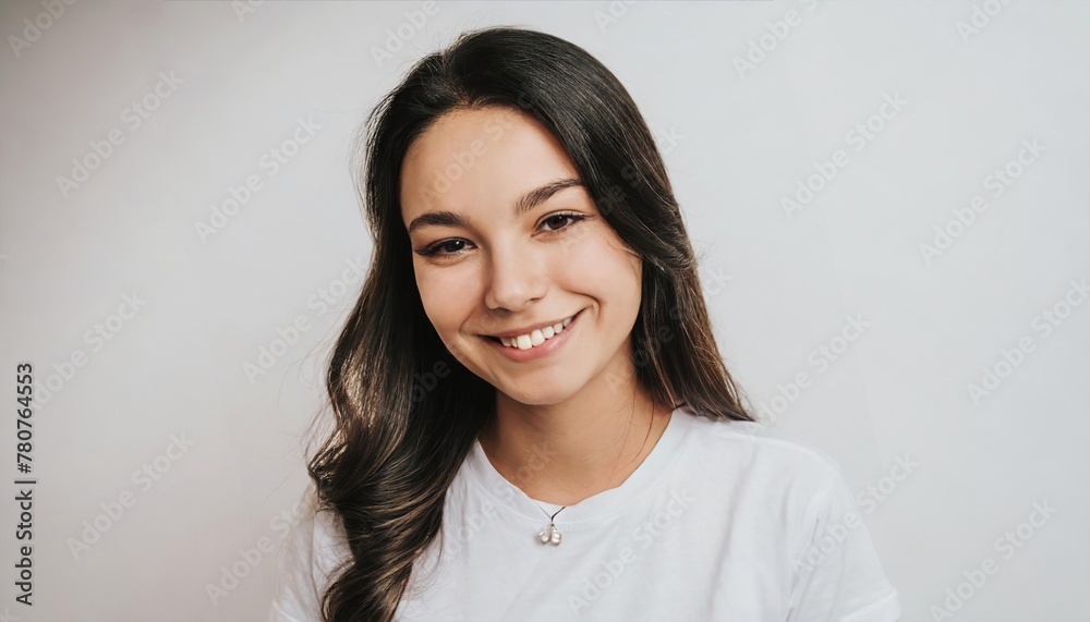 portrait of young happy woman looks in camera portrait of young happy woman looks in camera
