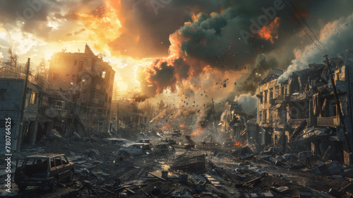 A ruined city during the war. Burning buildings and cars.