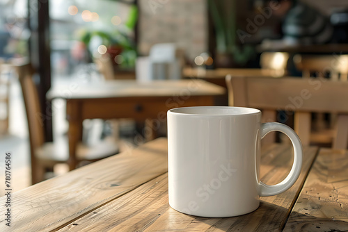 White Coffee Mug on the table in a coffee shop, mug mockup