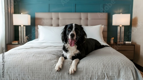 Pampered Pup Enjoys Luxe Bedroom Comfort. Concept Luxurious Bedding, Lavish Toys, Elegant Furniture, Spoiled Canine