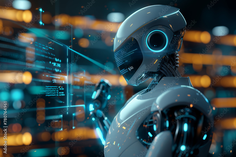 Futuristic Robot Analyzing Data in a High-Tech Environment Futuristic Robot Analyzing Data in a High-Tech Environment