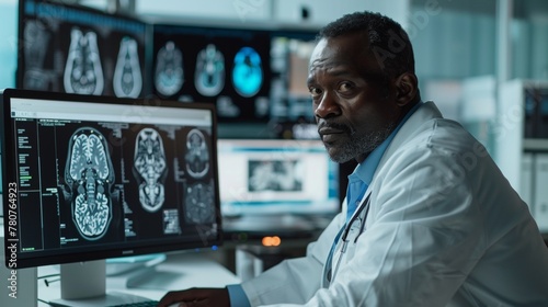 Neurologist examining brain MRI scans, ideal for neurology service promotions