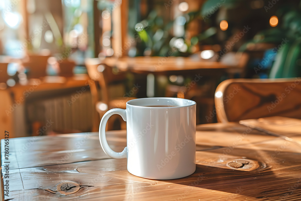 White Coffee Mug on the table in a coffee shop, mug mockup White Coffee Mug on the table in a coffee shop, mug mockup