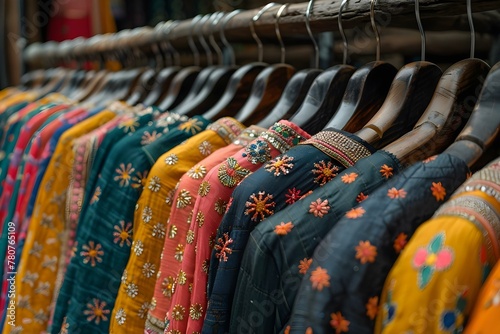Indian womans fashion dresses displayed on hangers in a retail shop. Concept Indian fashion, Retail display, Traditional attire, Women's clothing, Hanger organization