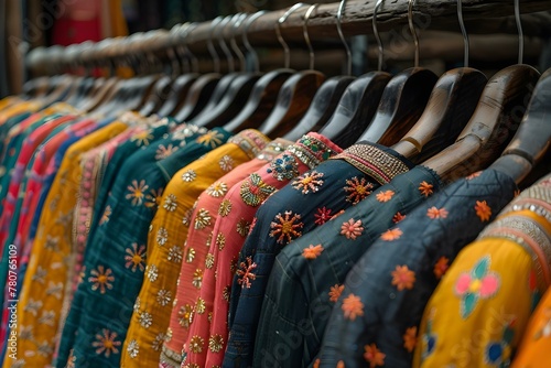 Indian womans fashion dresses displayed on hangers in a retail shop. Concept Indian fashion, Retail display, Traditional attire, Women's clothing, Hanger organization photo