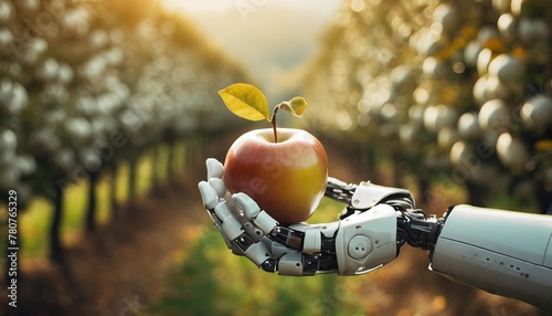 Robotic hand holding an apple, emphasizing GMO and utomation photo