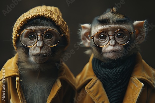 Two young monkeys dressed in human winter clothing giving an impression of fashion-consciousness photo