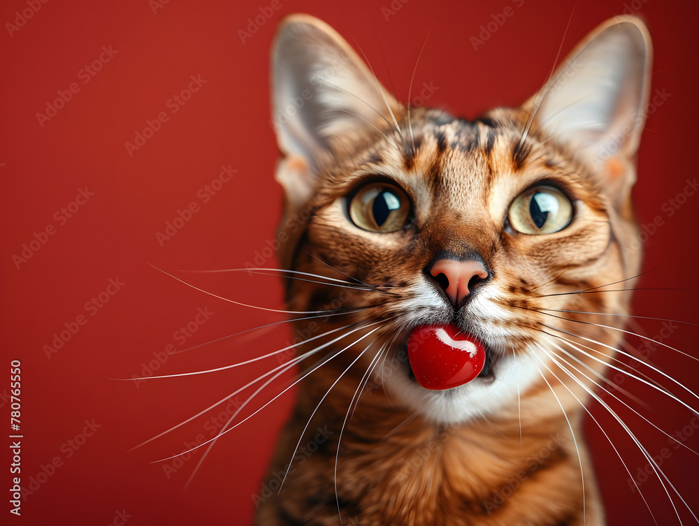 Cute cat licks a heart-shaped lollipop. AI generated.