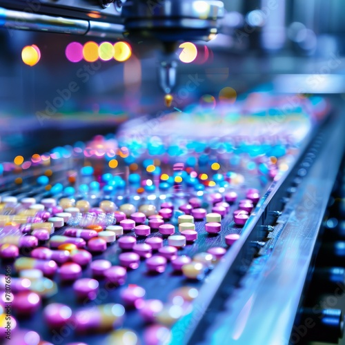 A colorful pills being printed on an advanced machine in the environment of an industrial production facility