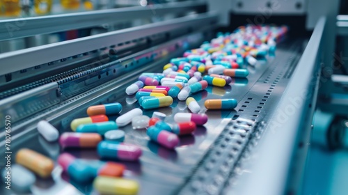 A colorful pills being printed on an advanced machine in the environment of an industrial production facility
