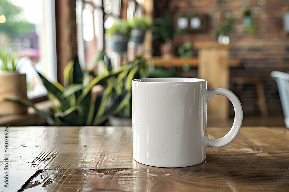 White Coffee Mug on the table in a coffee shop, mug mockup White Coffee Mug on the table in a coffee shop, mug mockup