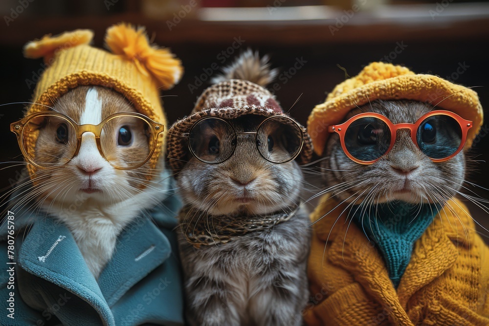 A stylish cat dressed in a knitted cap and round glasses poses for a portrait A stylish cat dressed in a knitted cap and round glasses poses for a portrait