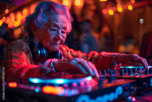Vibrant elderly lady DJing with flair at a colorful home party, surrounded by lights and music equipment.