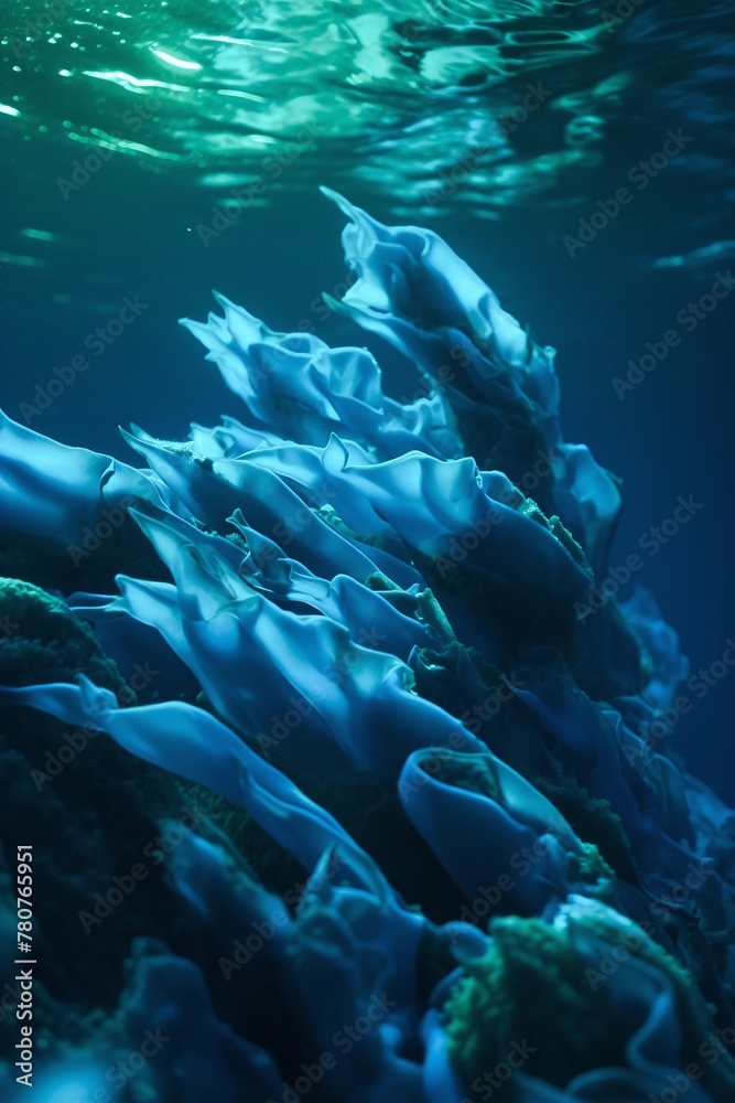 Obraz premium The ethereal glow of the bluest bioluminescent ocean, an underwater dive view V3.