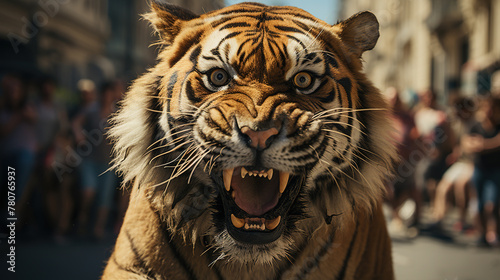 On The Bustling Gran Via Street A Big Tiger Chasing People