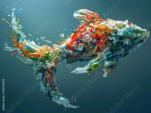 Welcome to the Plasticized Ocean  A stark depiction of a new species emerging from the depths, composed entirely of discarded plastic, Blender photo