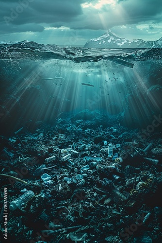 Beyond the Blue The Dark Side of Plastic Pollution  A somber portrayal of the oceans transformation into a plastic wasteland, prompting millennials to confront the reality of their impact, no contrast photo