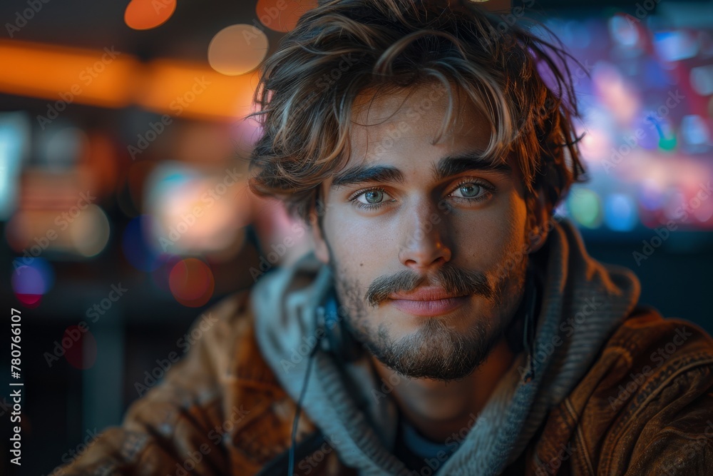 A calm young man with deep blue eyes and headphones casually draped over his shoulder A calm young man with deep blue eyes and headphones casually draped over his shoulder
