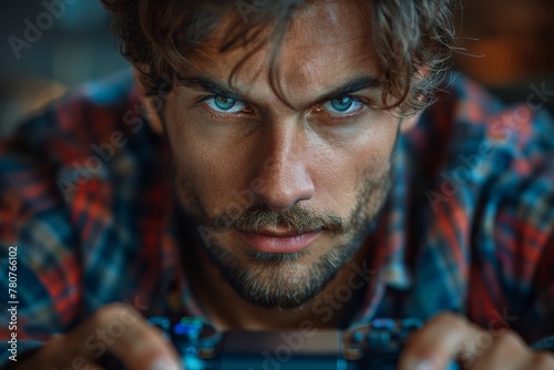 Close-up portrait of a blue-eyed man with intense gaze holding a gaming controller