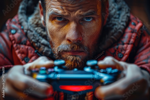 Intense close-up of a bearded man with focused eyes holding a gaming controller, engrossed in play