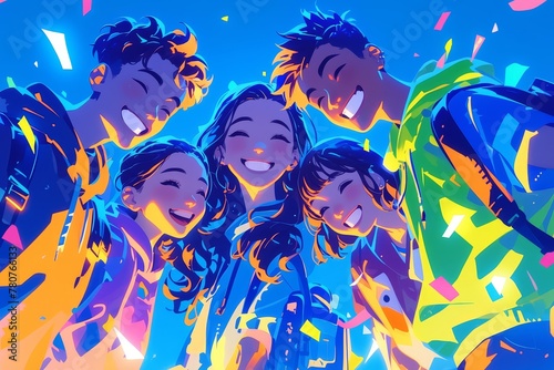 A vibrant and colourful gradient background with five young people smiling, each person's face illuminated in the style of soft glow of neon lights