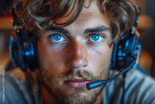 Close-up of a young man wearing a gaming headset, looking at the camera