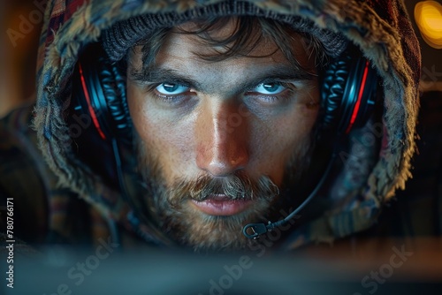 Man with headphones and winter hat intensely gaming, concentration evident