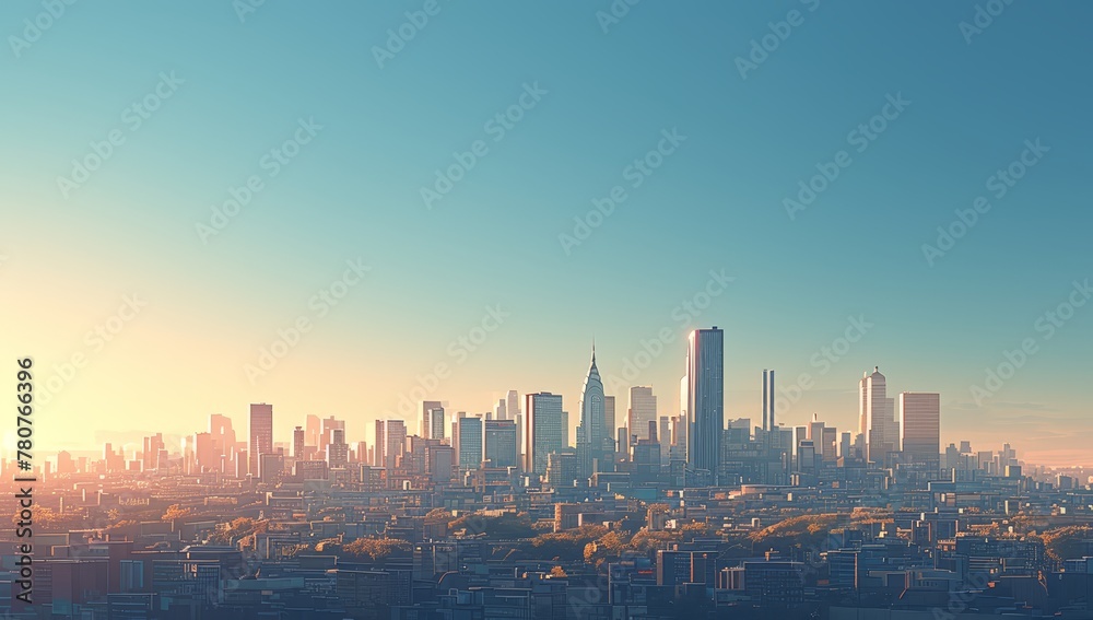 A wide shot of the city skyline with tall buildings and skyscrapers, showcasing an urban landscape in daylight. The sun is shining brightly above a bustling metropolis. 