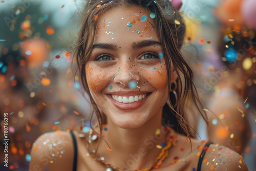 Happy young woman covered in confetti enjoying a festival atmosphere