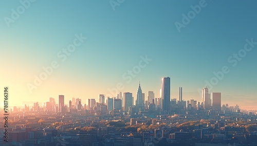 A wide shot of the city skyline with tall buildings and skyscrapers, showcasing an urban landscape in daylight. The sun is shining brightly above a bustling metropolis.  photo
