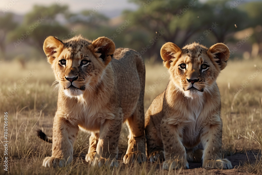 lion cubs in nature with pastel colors background lion cubs in nature with pastel colors background