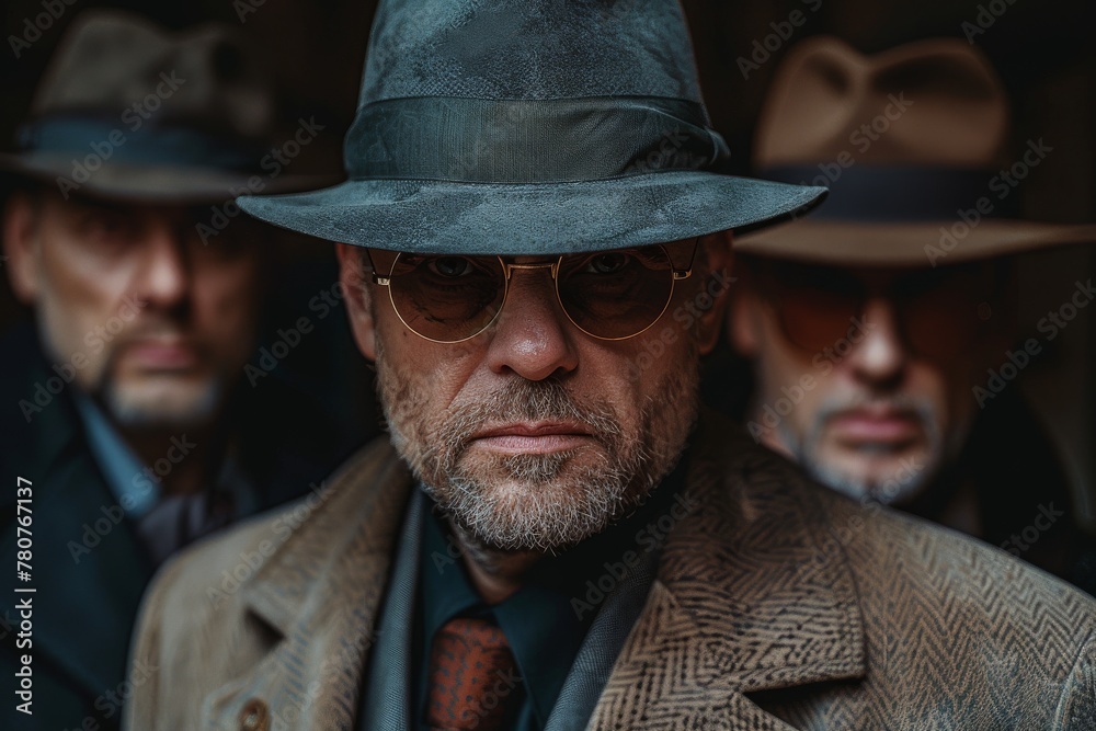 Close-up of a rugged man in hat and sunglasses with two blurred associates, evoking intrigue