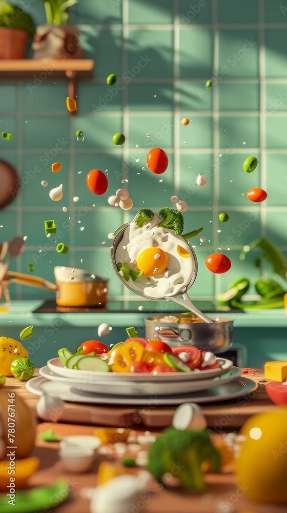 Person flipping pan with fried egg and vegetables in kitchen Person flipping pan with fried egg and vegetables in kitchen