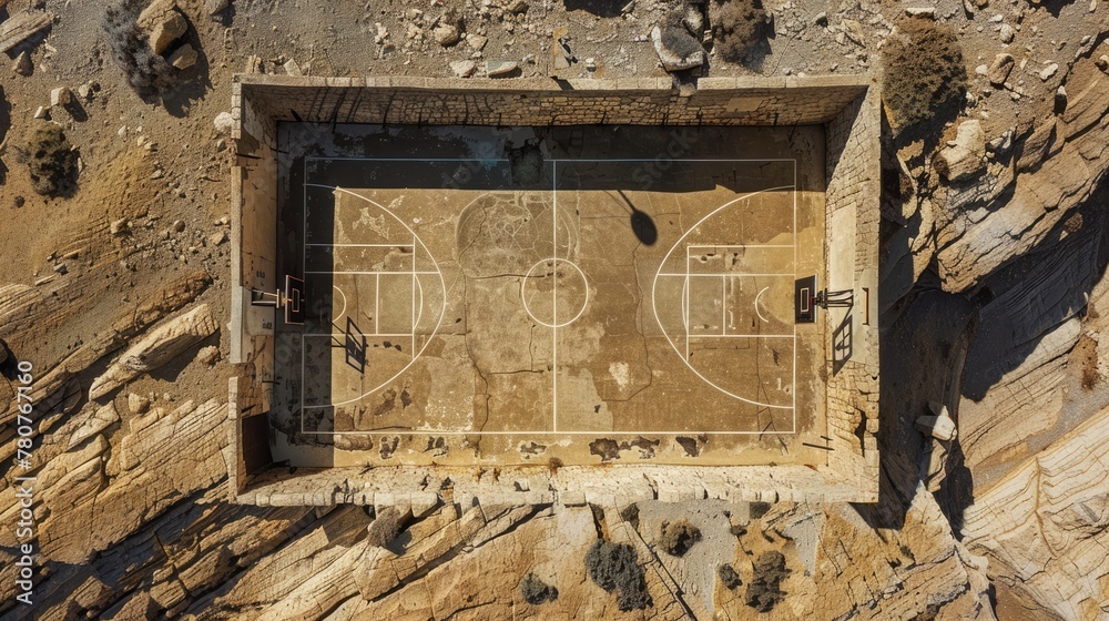 Basketball court on the moon landscape, alien nature Stock Basketball court on the moon landscape, alien nature Stock