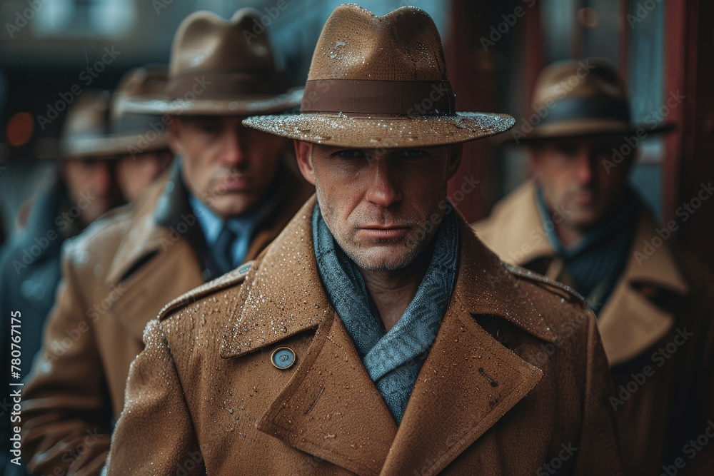 A row of men in trench coats and hats captured with their faces blurred in a rainy setting