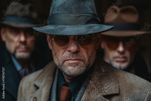 Close-up of a rugged man in hat and sunglasses with two blurred associates, evoking intrigue