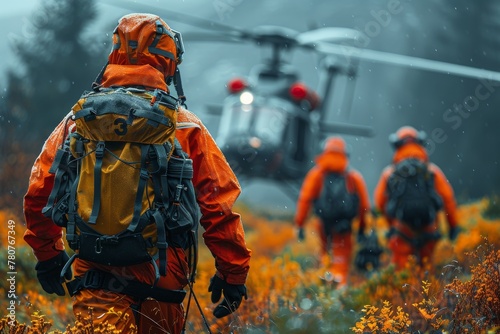 In adverse weather, a search and rescue team advances towards a helicopter, poised for an urgent life-saving mission