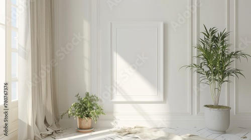  A living room with a potted plant on a wooden table and a picture frame on the wall