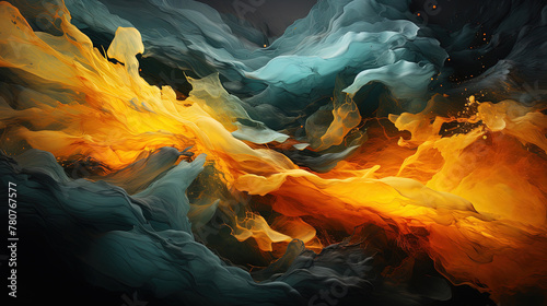 Oil Painting of Cyan and Gold Colors with Liquid Smoke Wavy Backdrop