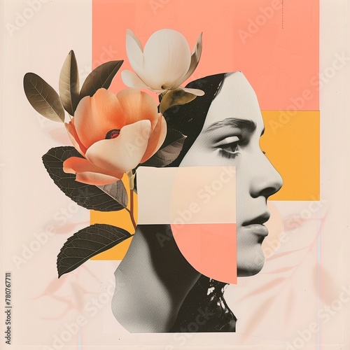 Abstract art collage with portrait of woman and flowers. Trendy paper collage composition.